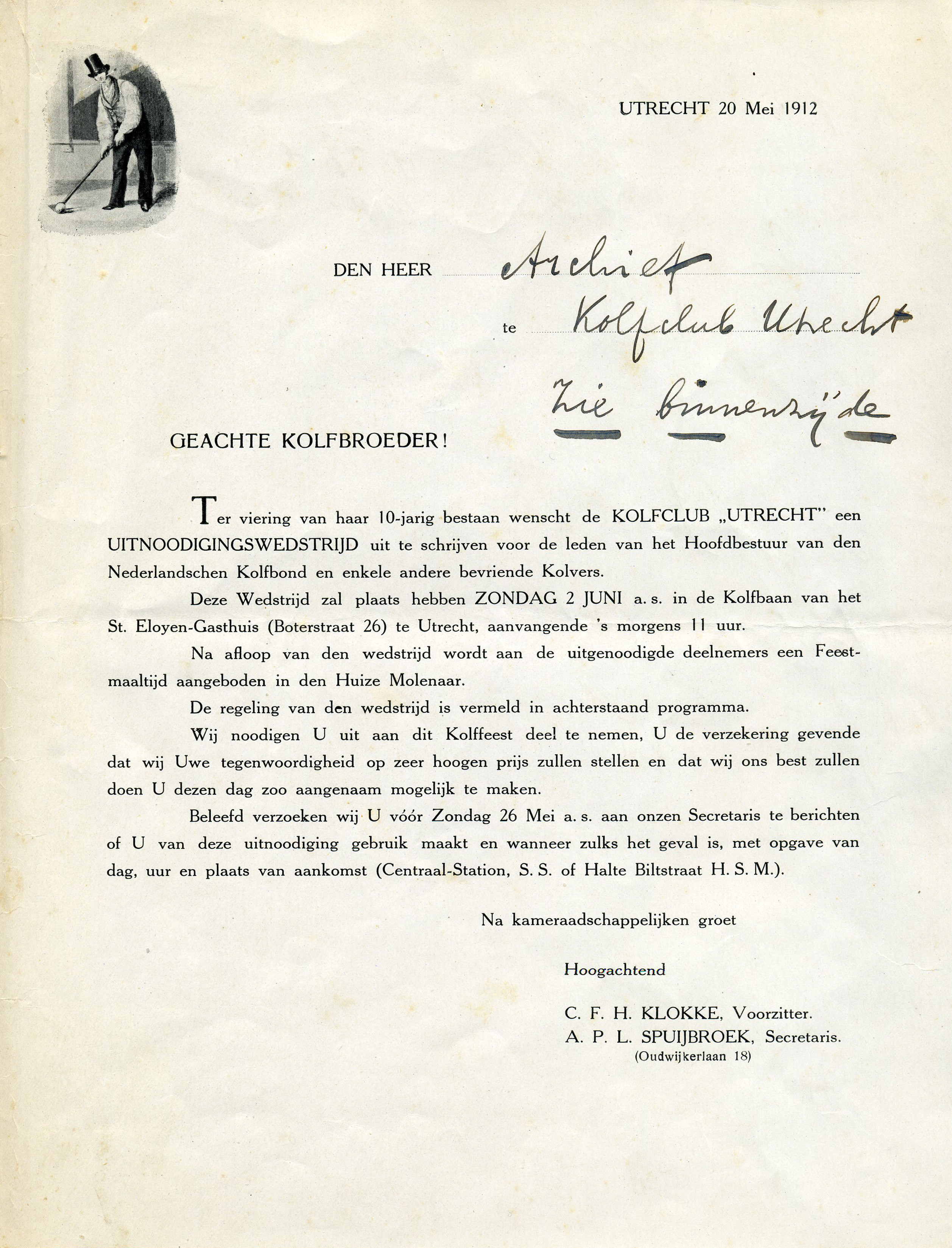 Uitnodiging kolfwedstrijd St. Eloyen Gasthuis. 1912