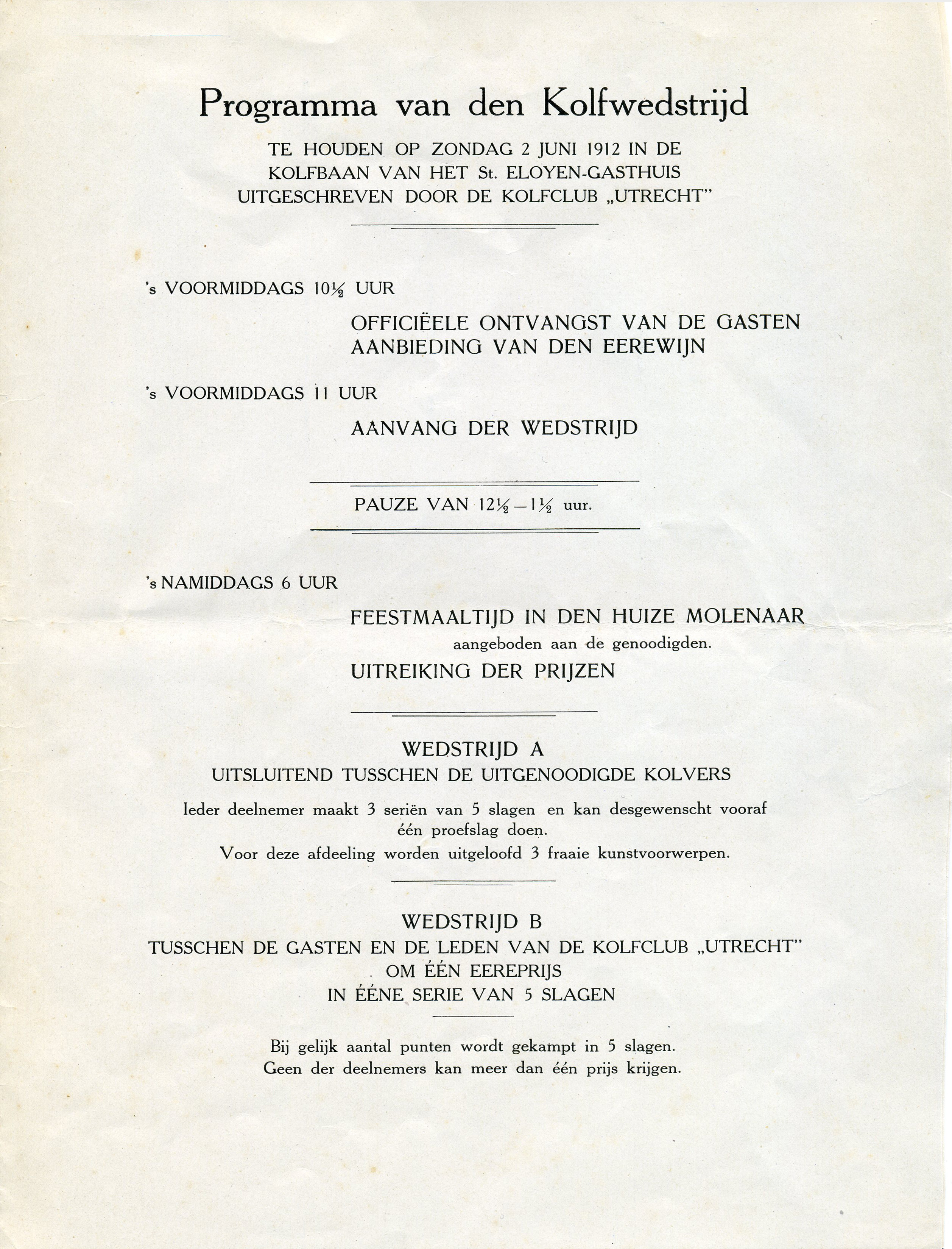 Programma kolfwedstrijd St. Eloyen Gasthuis. 1912