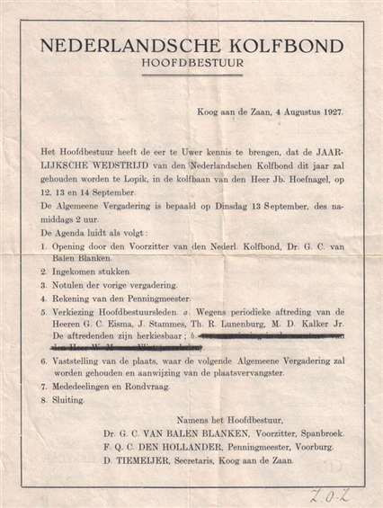 Kennisgeving Nederlandsche Kolfbond - 1927