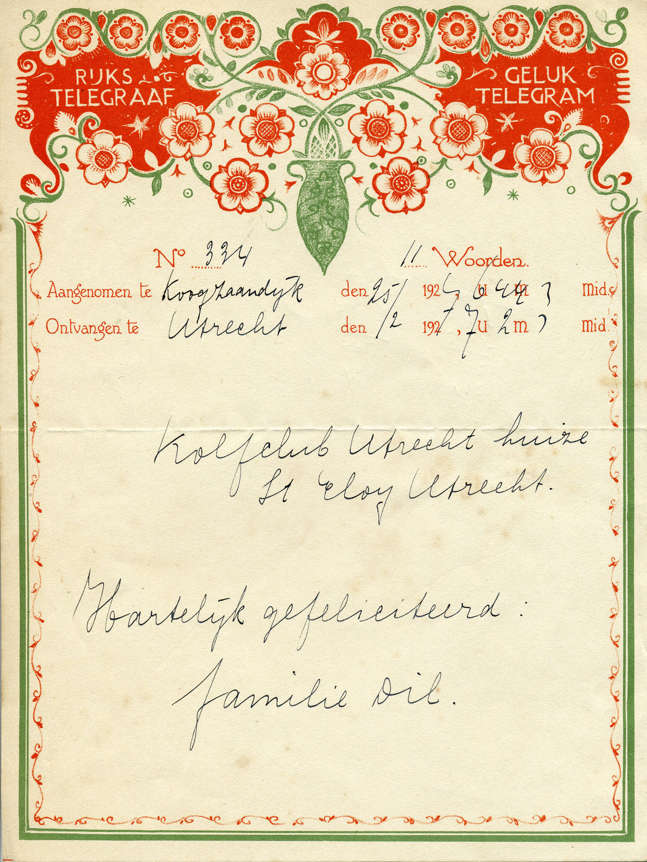 Gelukstelegram St. Eloyen Gasthuis. 1927