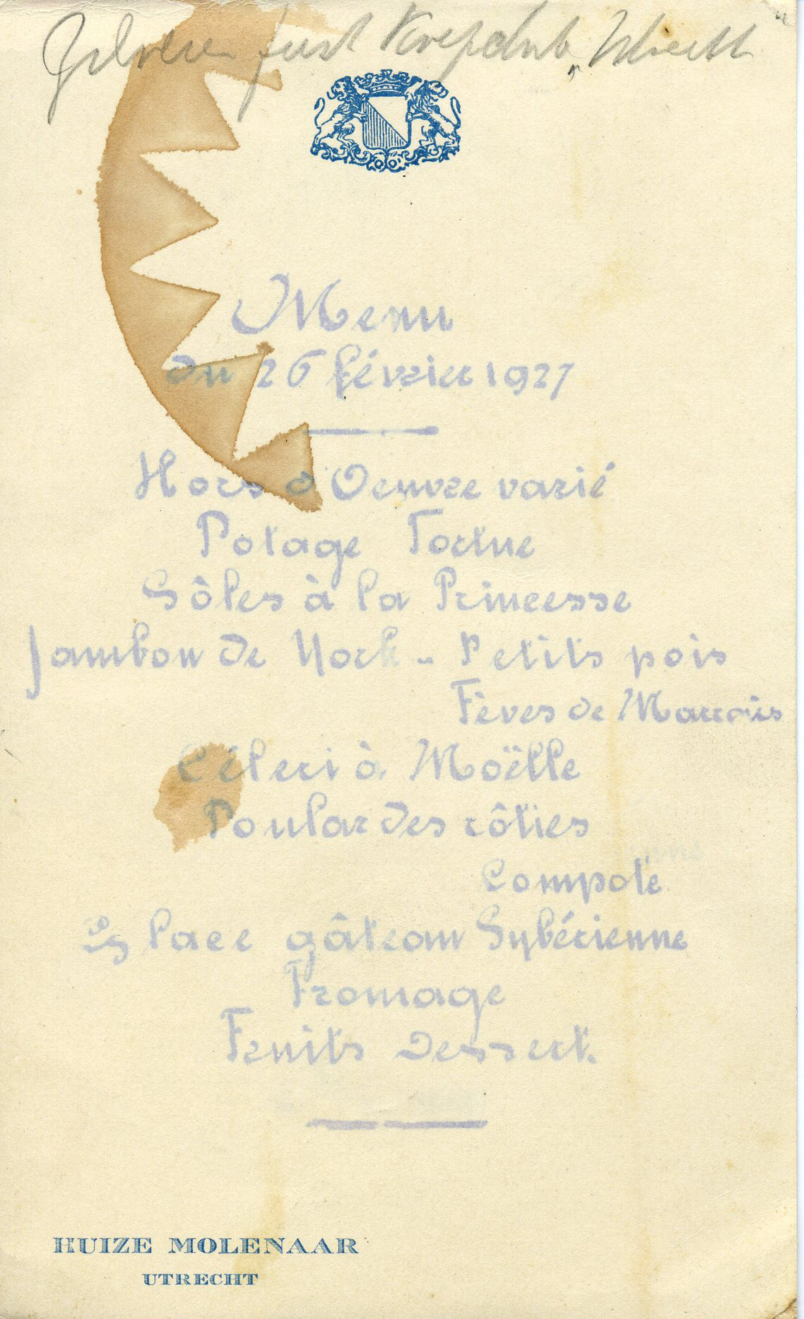 Feestmenu St. Eloyen Gasthuis. 1927