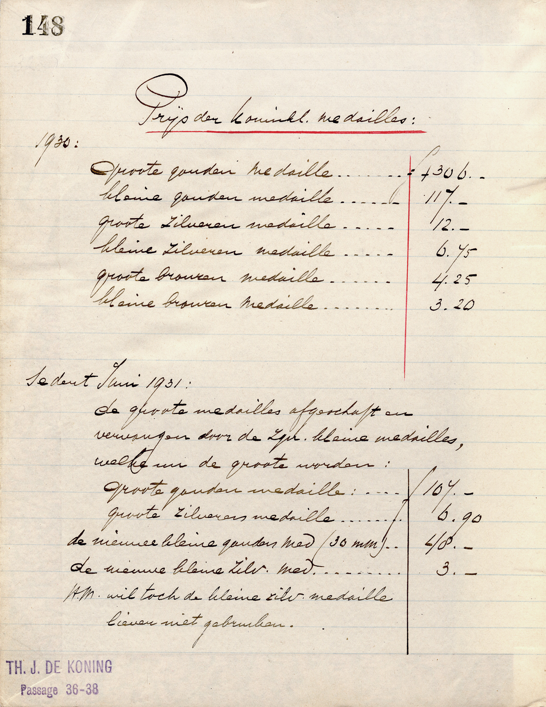 Prijslijstje koninklijke kolfmedailles. 1930