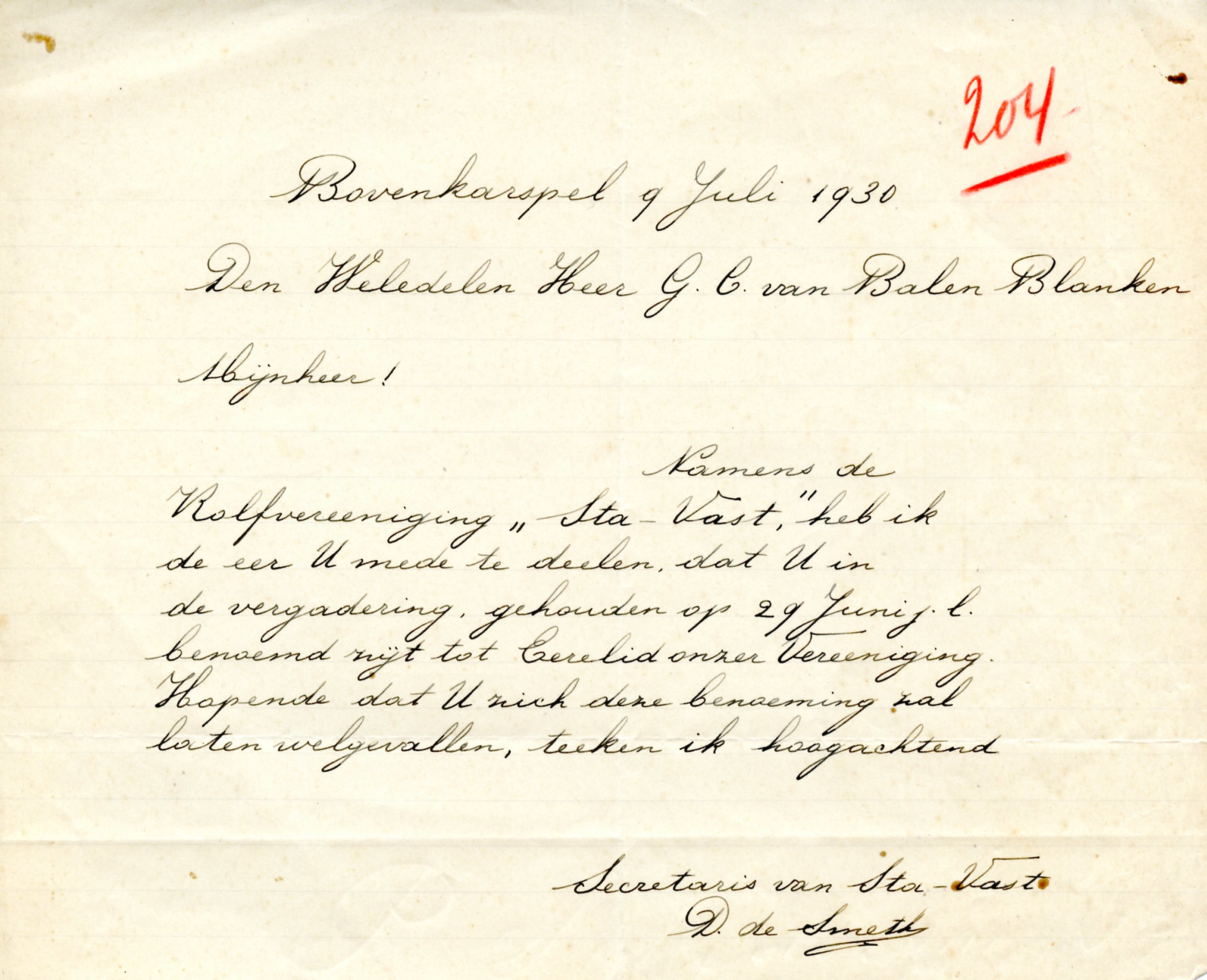 Dr. G.C. van Balen Blanken erelid Sta-Vast. 1930