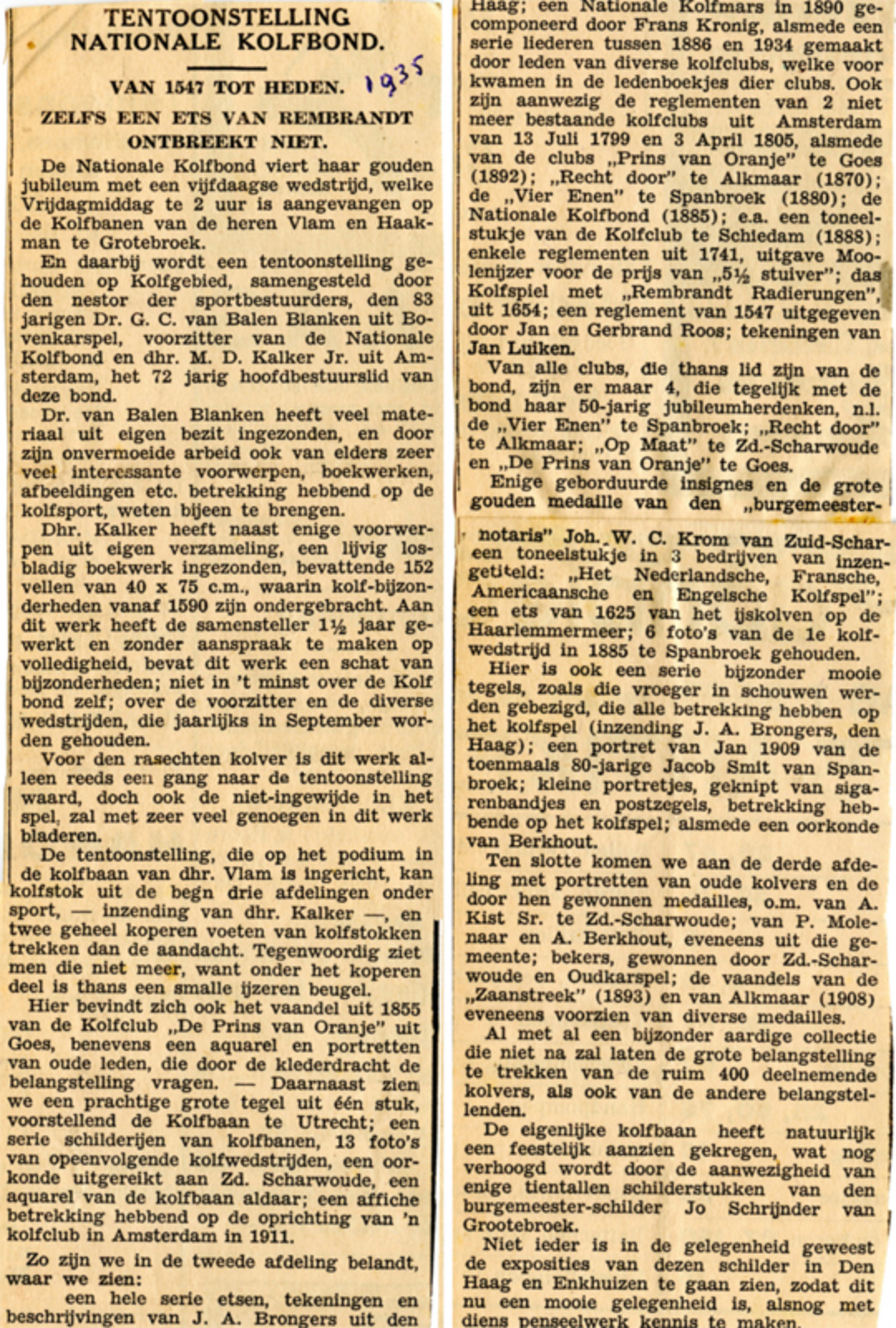 Recensie tentoonstelling Nationale Kolfbond - 1935