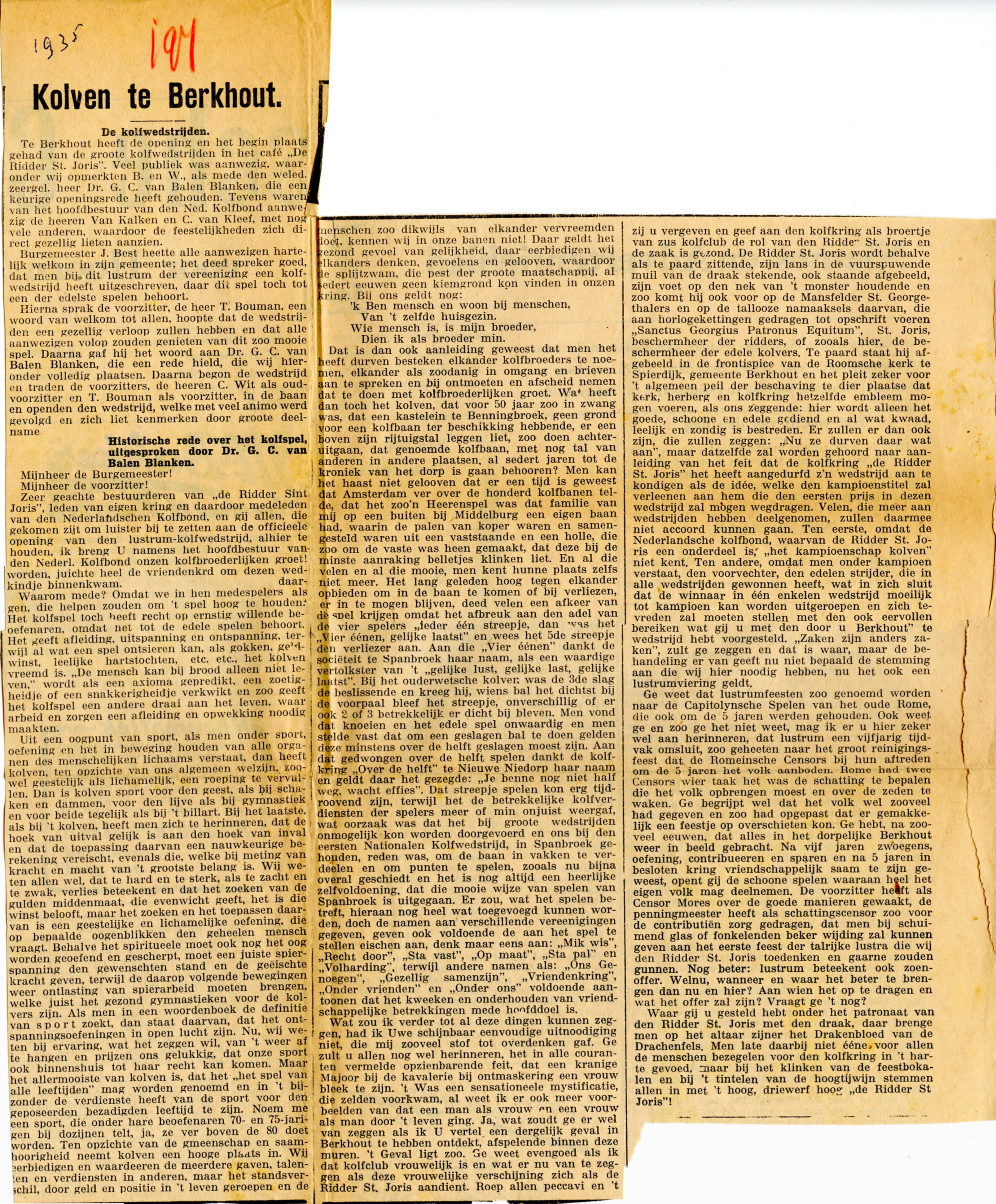 Jubileumtoepspraak Dr. G.C. van Balen Blanken. 1935