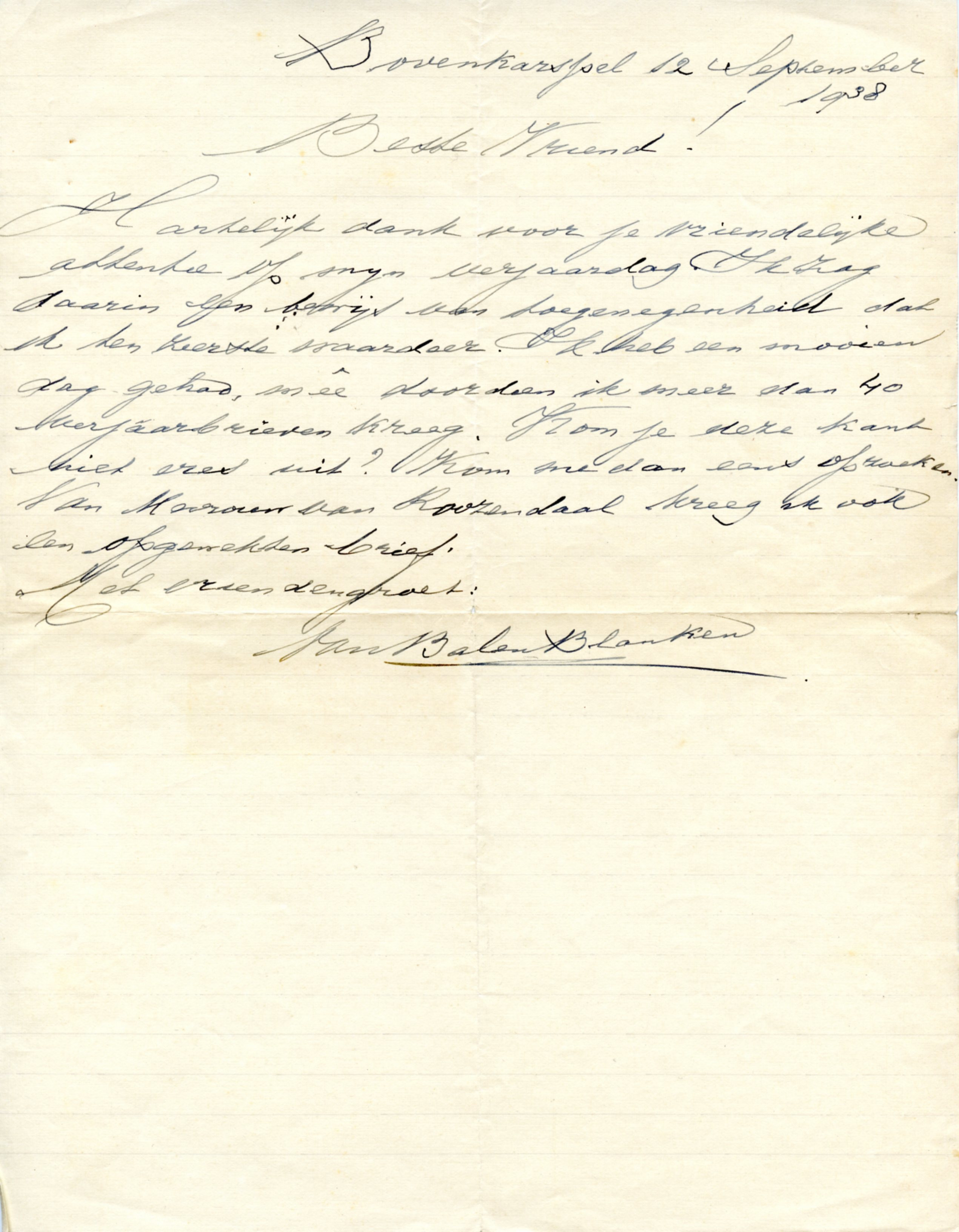 Dankbrief Dr. G.C. van Balen Blanken. 1938