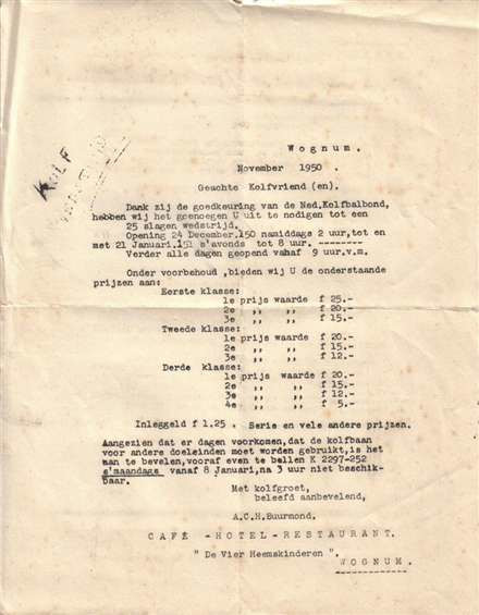 Uitnodiging kolfwedstrijd Wognum. 1950