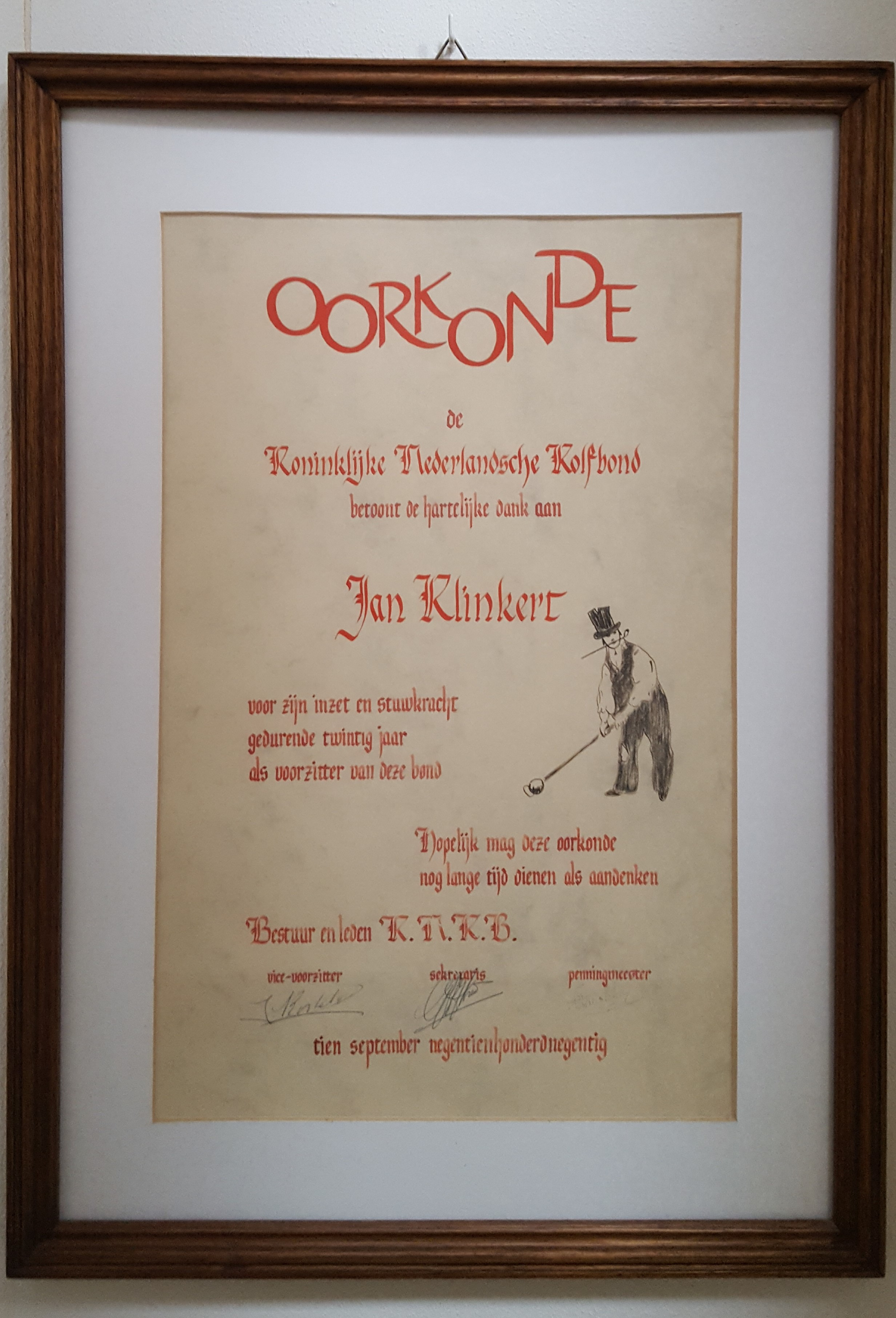 Oorkonde Jan Klinkert. 10 september 1990