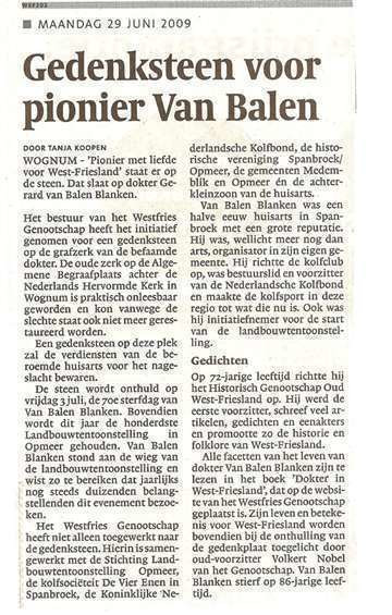 Gedenksteen voor dr. G.C. van Balen Blanken. 2009