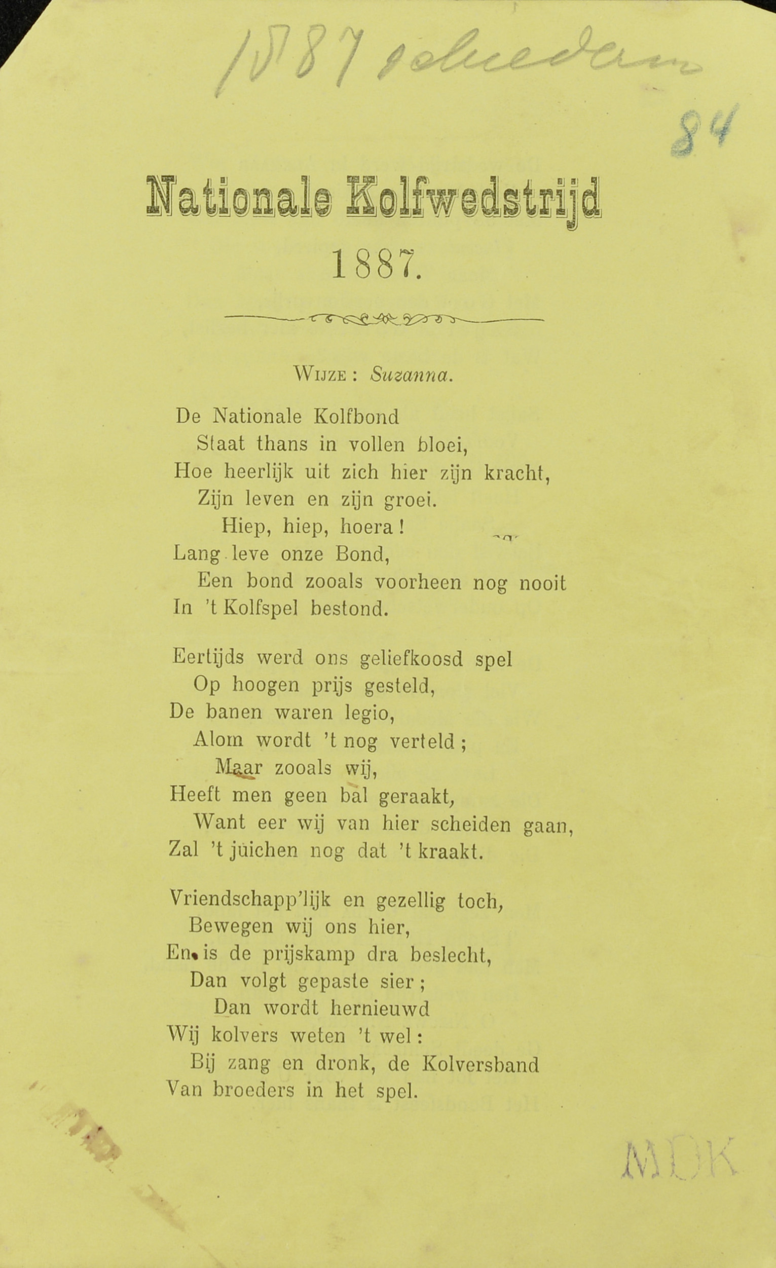 Nationale Kolfwedstrijd, kolflied - 1887