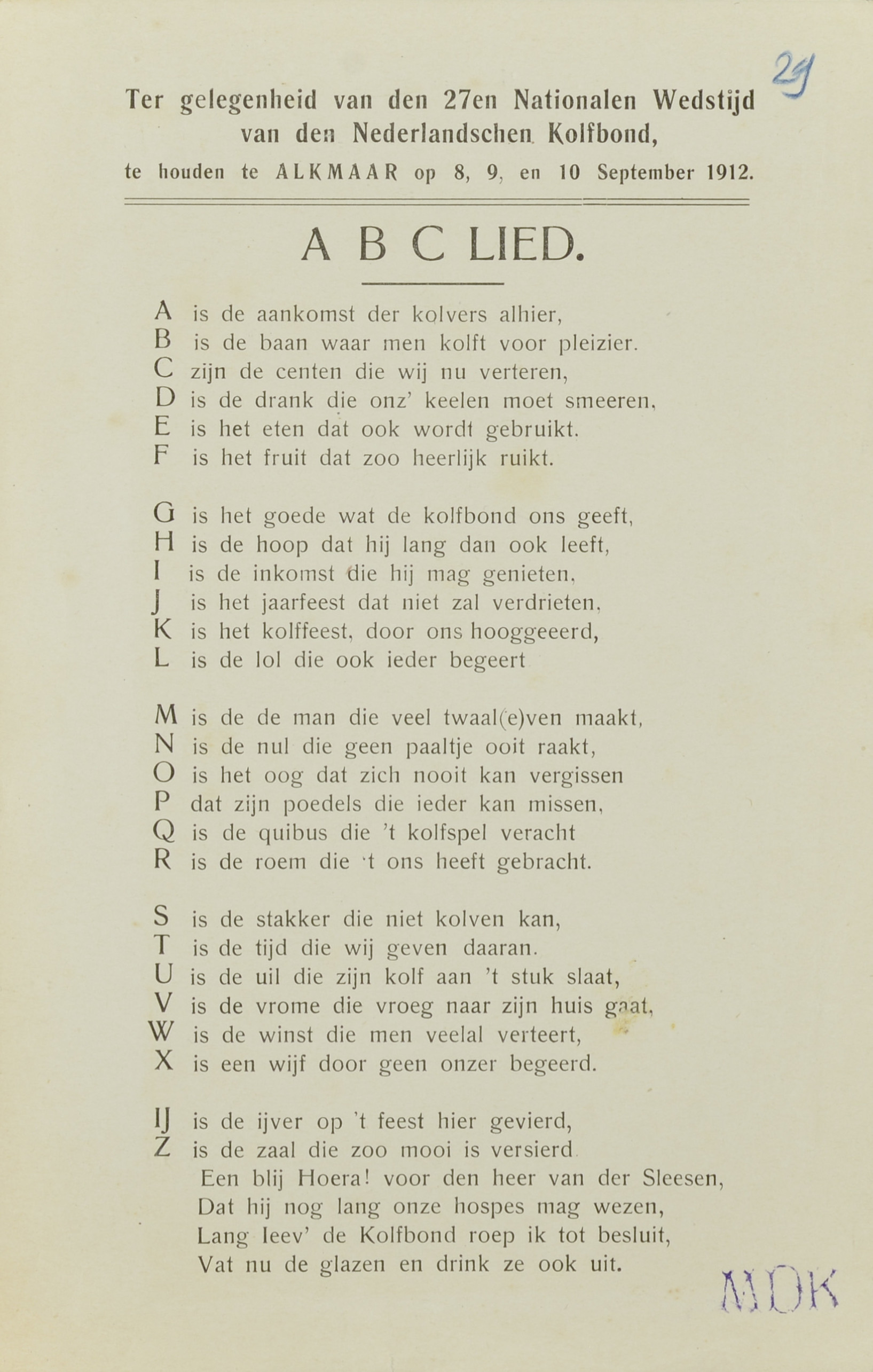 A.B.C. Lied ter gelegenheid van den 27sten Nationalen Kolfwedstrijd - 1912