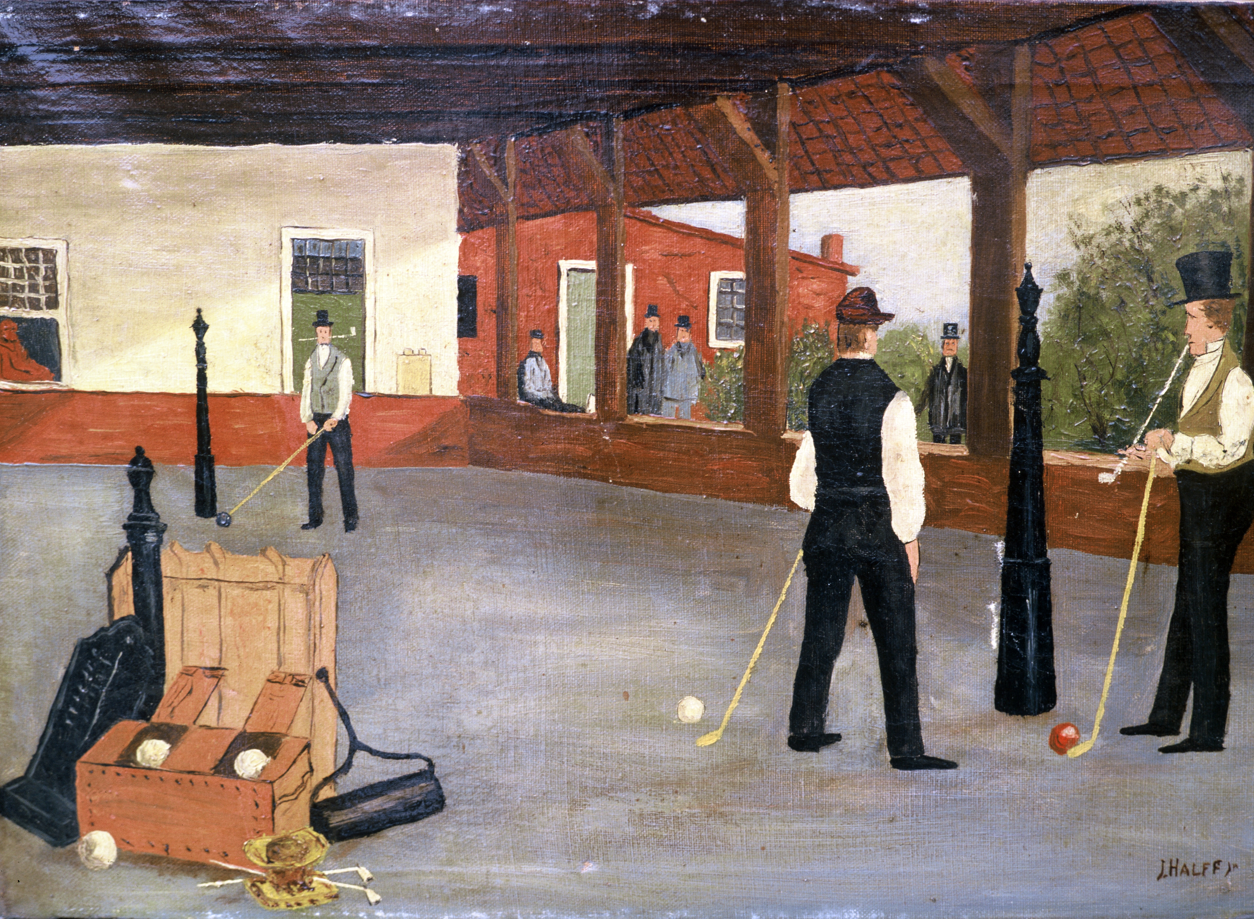 J. Halff II, Kolfbaan met drie kolfspelers. Ca. 1900