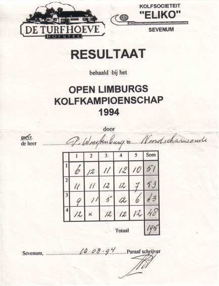 Uitslagen, Open Limburgs Kolfkampioenschap, Piet Woestenburg, Eliko, Sevenum. 1994