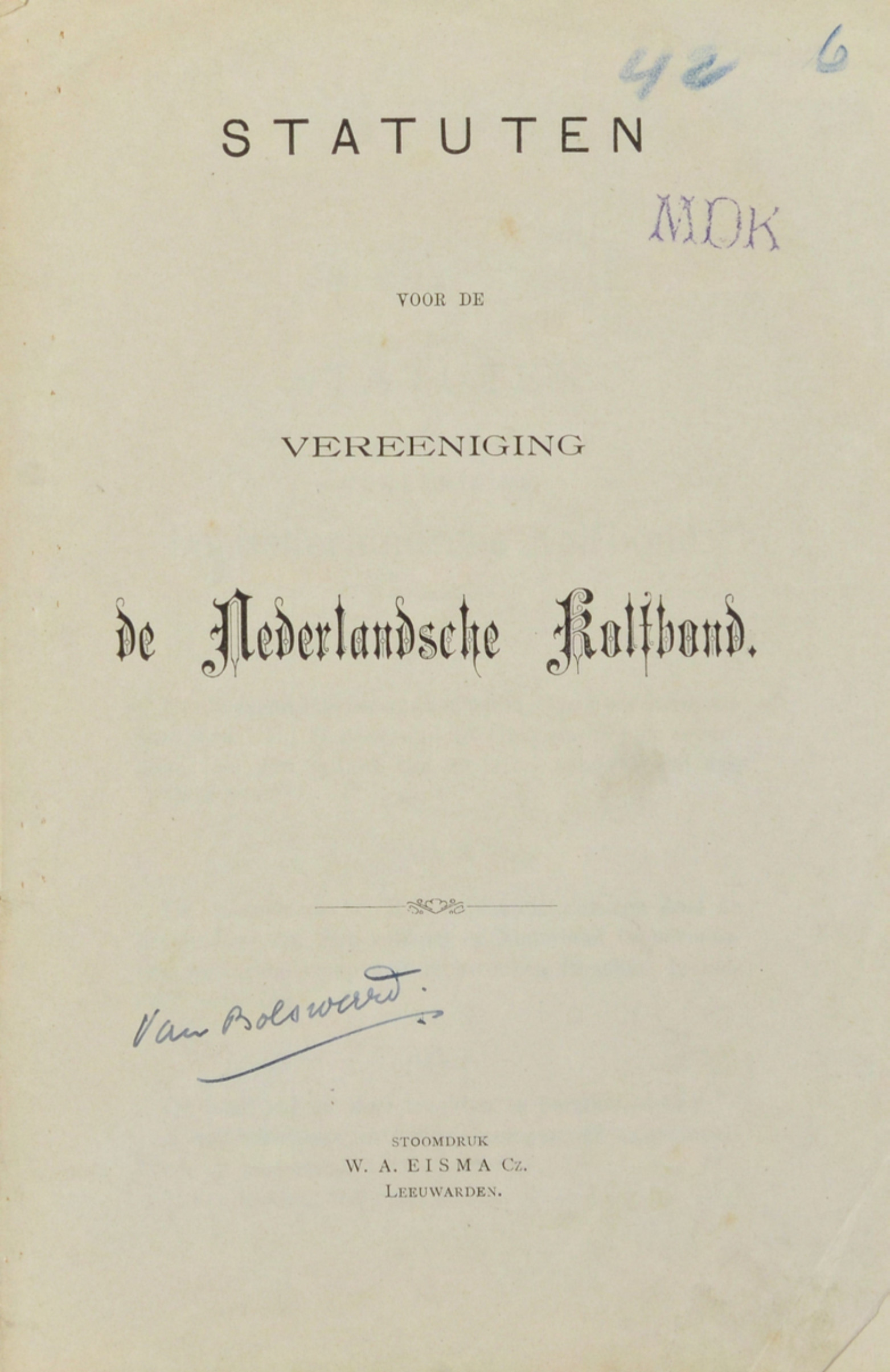 Statuten Nederlandsche Kolfbond. 189x
