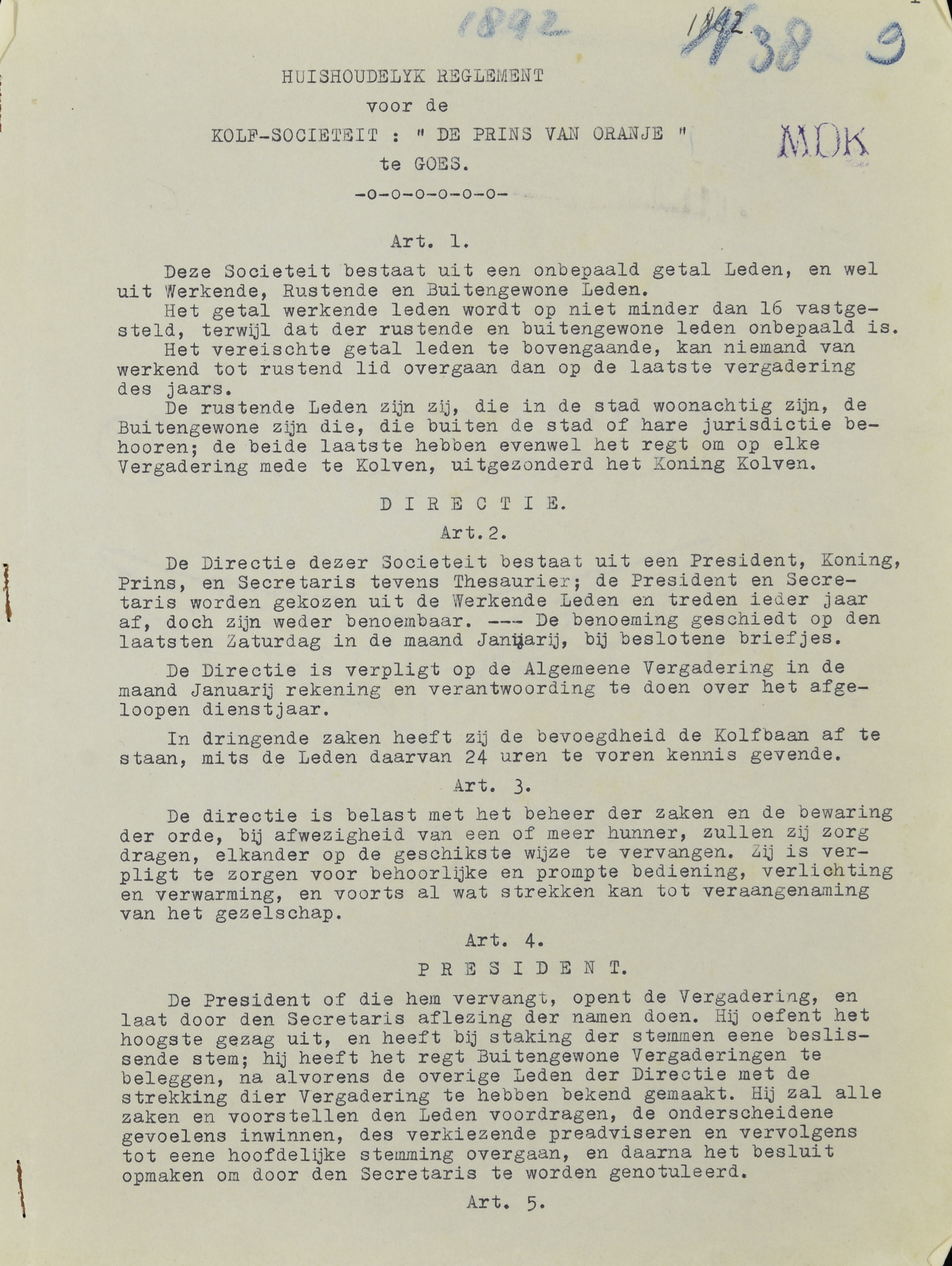 Huishoudelijk Reglement, De Prins van Oranje, Goes. 1892