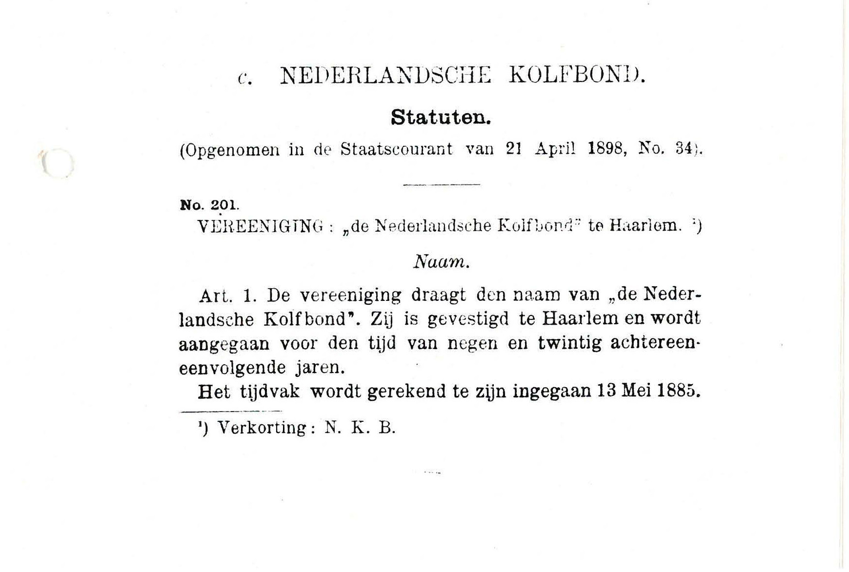 Statuten Nederlandsche Kolfbond - 1898 en 1909